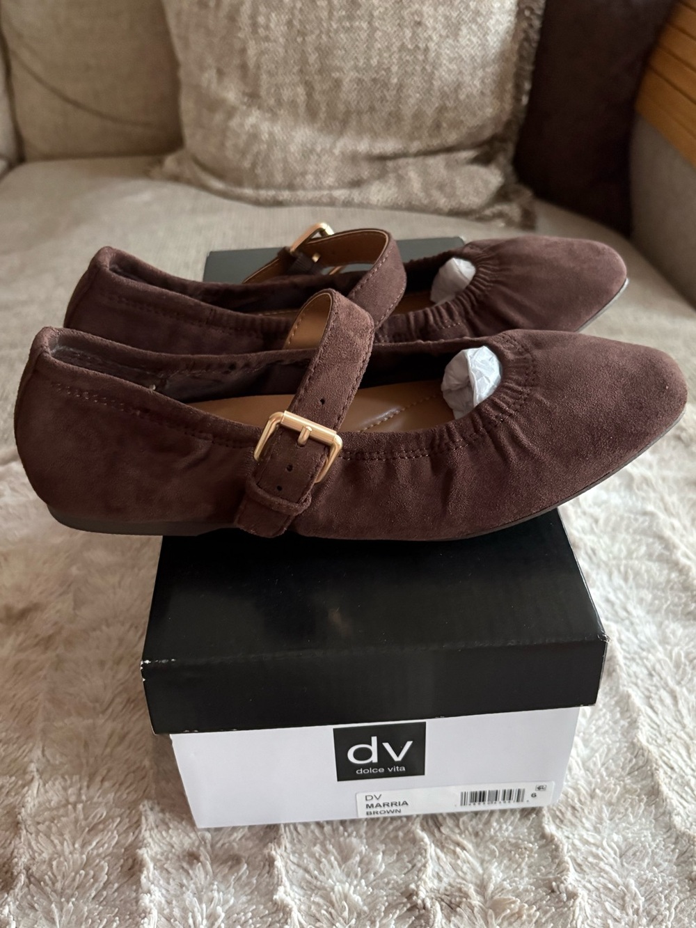 DV Dolce Vita Dark Brown Suede Mary Jane Flats with Gold Buckle